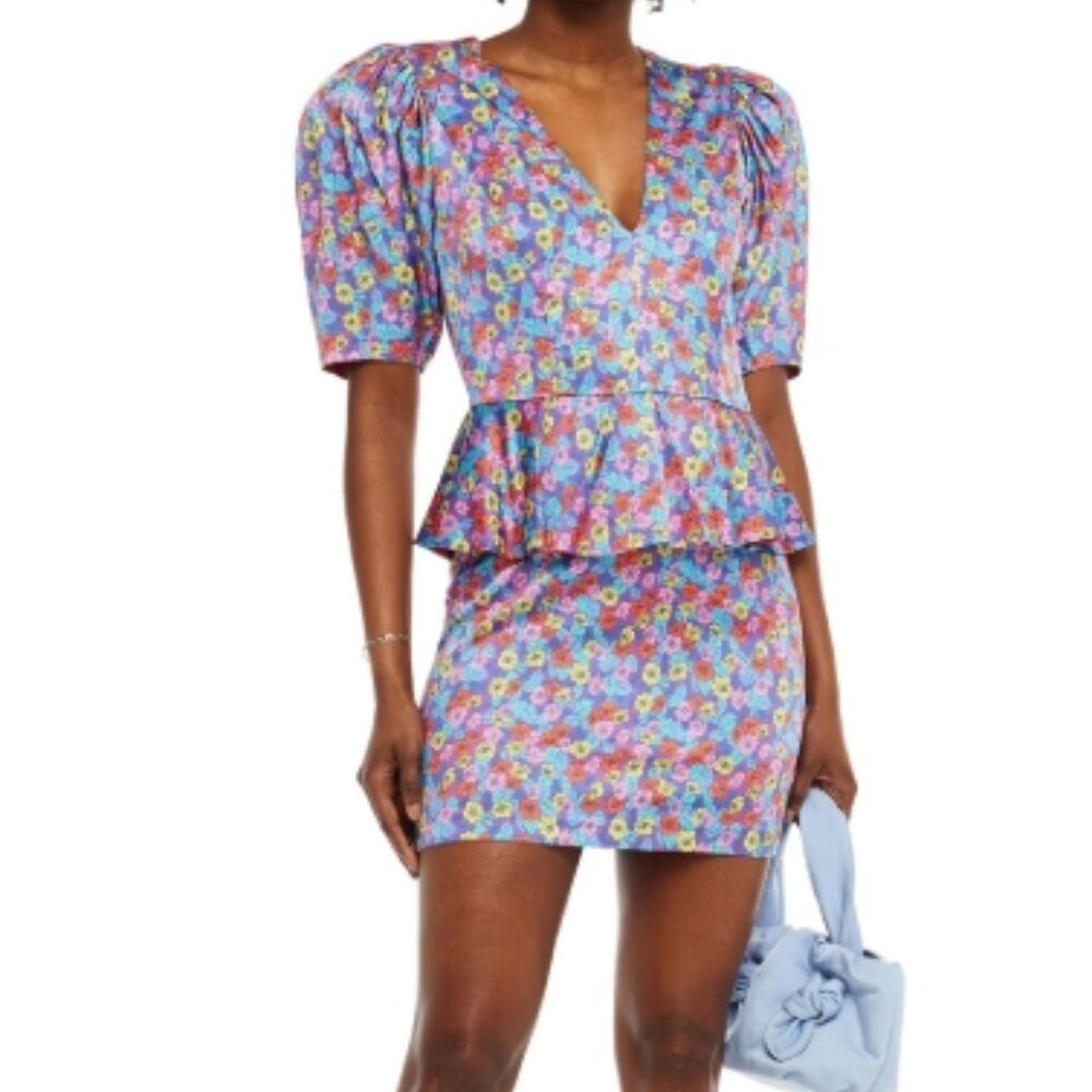 NWT ROTATE BIRGER CHRISTENSEN Mindy Floral Cady Peplum Purple Mini Dress M $300
